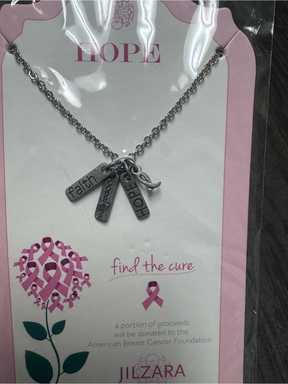 Pink Ribbon Hope, Faith, Courage Charm Necklace